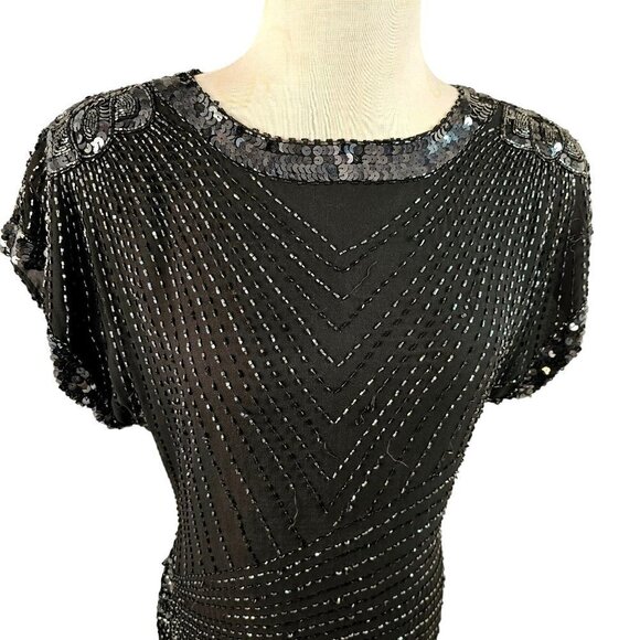 70s Oleg Cassini Black Silk Maxi Sheath Intricate Beading Open Back Womens Sz 6 - Picture 3 of 13
